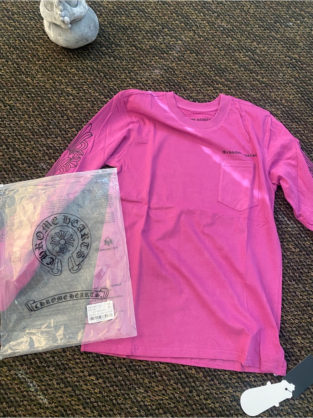 Chrome Hearts Kids Bright Pink Long Sleeve Pocket Tee with Sleeve Graphic